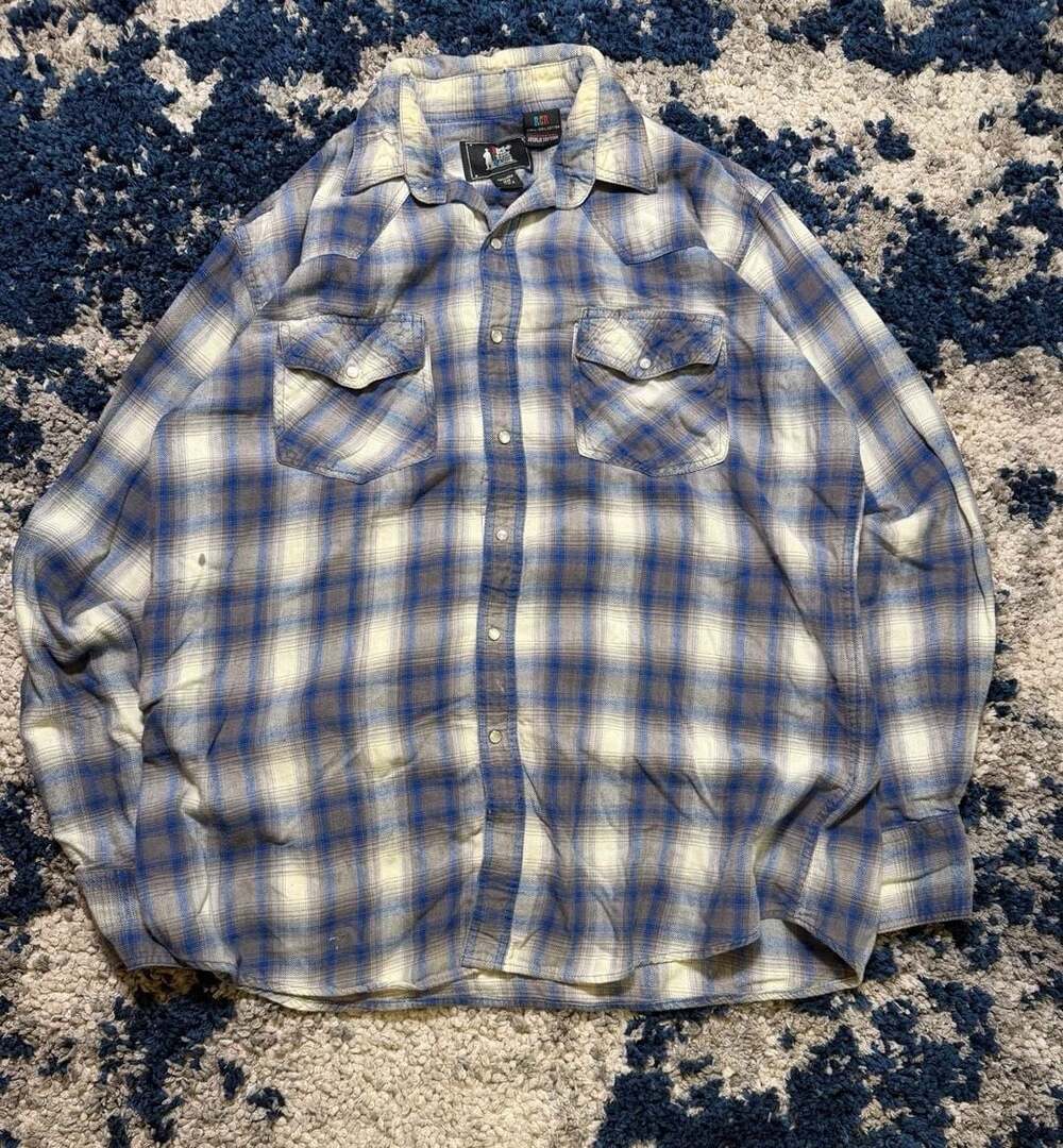 Rock Creek Ranch Long Sleeve Blue Plaid Pearl Snap Western Flannel Shirt XLT